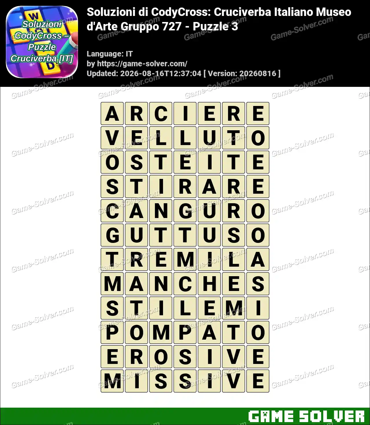 Soluzioni di CodyCross: Cruciverba Italiano Museo d’Arte Gruppo 727 – Puzzle 3